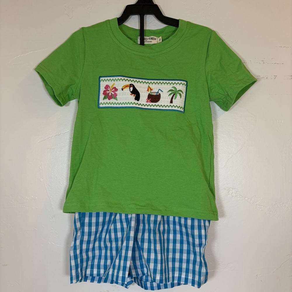 Summer Baby Boy 2T Outfit 2pc Set Green Shirt & Blue Gingham Shorts Embroidered